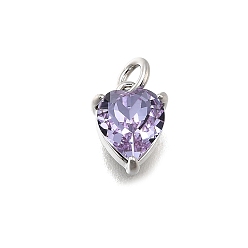 Средний Фиолетовый Сердце из латуни со стеклянными подвесками, одиночные каменные прелести, без кадмия и без свинца, долговечный, стойки покрытие, платина, средне фиолетовый, 9x7x4.5 мм, отверстие : 2 мм