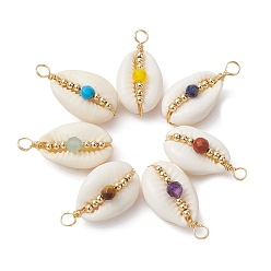 Mixed Color 7Pcs Natural Cowrie Shell Copper Wire Wrapped Pendants, Chakra Shell Charms with Faceted Gemstone Beads, Golden, Mixed Color, 26.5~27x14~14.5x11~11.3mm, Hole: 3.3mm