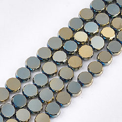 Light Blue Electroplate Glass Beads Strands, Faceted, Flat Round, Light Blue, 8~8.5x3.5mm, Hole: 1mm, about 80pcs/strand, 24.8 inch