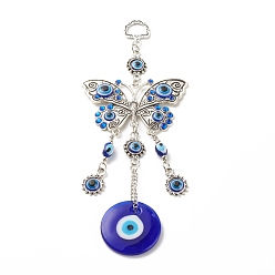 Antique Silver Alloy & Glass Turkish Blue Evil Eye Pendant Decoration, with Butterfly Charm, for Home Wall Hanging Amulet Ornament, Antique Silver, 195mm, Hole: 13.5x10mm