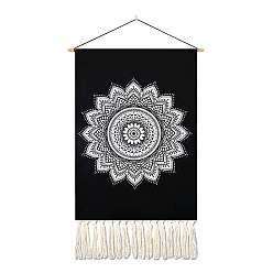 Black Flower Pattern Polyester Bohemia Wall Tapestrys, for Home Decoration, with Wood Bar, Nulon Rope, Plastic Hook, Rectangle, Black, 500x350mm