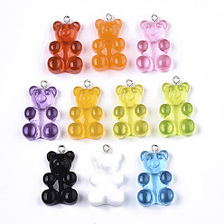 Mixed Color Transparent Resin Pendants, with Iron Loop, Platinum, Bear, Mixed Color, 31~32x18x8~9mm, Hole: 2mm