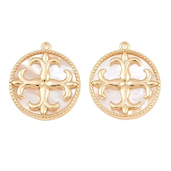 Chapado en Oro Real 18K Colgantes de latón y concha natural, plano redondo con encanto de flor de lis, real 18 k chapado en oro, 22.5x20.5x2.5 mm, agujero: 1.2 mm