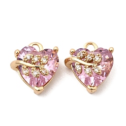 Pink Латунные микро проложить кубического циркония подвески, сердце с подвесками в виде листьев, со стеклом, долговечный, золотые, розовые, 12.5x10.5x8 мм, отверстие : 1.4 мм