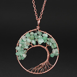 Green Aventurine Natural Green Aventurine Chip Tree of Life Pendant Necklaces, Alloy Cable Chain Necklace for Women, 20-7/8 inch(53cm)