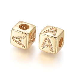 Letter A Brass Micro Pave Cubic Zirconia European Beads, Horizontal Hole, Large Hole Beads, Long-Lasting Plated, Cube with Letter, Golden, Clear, Letter.A, 9x9x9.5mm, Hole: 4.5mm