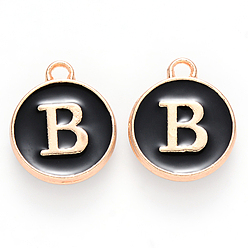 Letter B Golden Plated Alloy Charms, Cadmium Free & Lead Free, with Enamel, Enamelled Sequins, Flat Round with Letter, Black, Letter.B, 14x12x2mm, Hole: 1.5mm