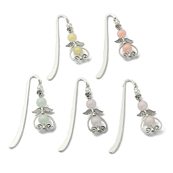 Mixed Color Alloy Hook Bookmarks, with Frosted Acrylic Beads, Wing & Heart Pendant Book Marker, Mixed Color, 133~135mm