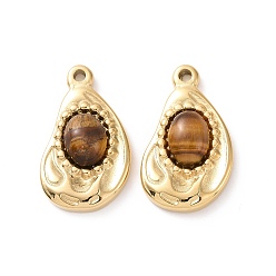 Tiger Eye Natural Tiger Eye Pendants, with Ion Plating(IP) Real 18K Gold Plated 304 Stainless Steel Findings, Teardrop Charm, 22x13x5mm, Hole: 1.5mm