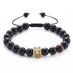 M Square Gemstone Letter Bracelet with Natural Agate and Tiger Eye Beads - A to Z Alphabet Design