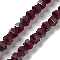 Coconut Brown Electroplate Transparent Glass Beads Strands, Frosted, Rainbow Plated, Faceted, Lantern, Coconut Brown, 7x7.8x7.5mm, Hole: 1.5mm, about 72pcs/strand, 20.79''(52.8cm)