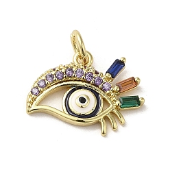 Colorful Brass Micro Pave Cubic Zirconia Pendants, with Glass and Enamel, with Jump Ring, Real 18K Gold Plated, Eye, Colorful, 12.5x16.5x2.5mm, Hole: 3mm
