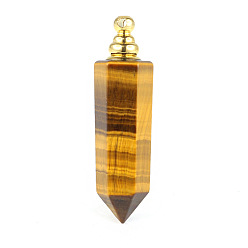 Tiger Eye Natural Tiger Eye Openable Perfume Bottle Pendants, Faceted Pointed Bullet Perfume Bottle Charms with Golden Plated Metal Cap, 44x12mm