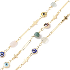 Mixed Stone Brass Cross & Flat Round & Oval Link Chains, with Natural Mixed Gemstone Nugget & Glass Evil Eye Beaded, Soldered, with Spools, Cadmium Free & Lead Free, Real 18K Gold Plated, 13x7x2mm, 18~19x6~7x4~5mm, 13.5x5x1mm