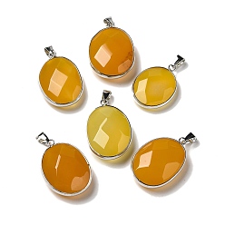 Goldenrod Natural Agate Dyed Pendants, Brass Faceted Oval Charms, Platinum, Goldenrod, 32x23.5x11.5mm, Hole: 7.6x3.8mm
