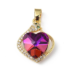 Medium Violet Red Real 18K Gold Plated Rack Plating Brass Micro Pave Clear Cubic Zirconia Pendants, with Glass, Long-Lasting Plated, Cadmium Free & Lead Free, Heart Charm, Medium Violet Red, 21.5x17x8mm, Hole: 5x3.2mm