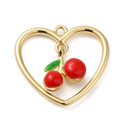 Golden Alloy Pendants, with Enamel, Heart with Cherry Charm, Golden, 21.5x23x6mm, Hole: 1.6mm