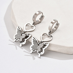 Stainless Steel Color 304 Stainless Steel Dangle Hoop Earrings, Heart with Butterfly, Stainless Steel Color, 40x20mm