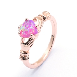Rose Gold Synthetic Opal Finger Rings, with Cubic Zirconia and Brass Findings, Long-Lasting Plated, Irish Heart, Size 7, Pearl Pink, Rose Gold, 17mm