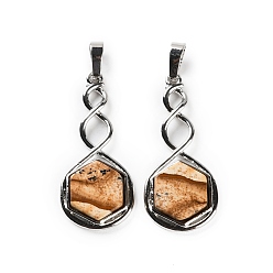 Пейзажный Джаспер Естественного изображения яшмы подвески, покрытие стойки латунные шестигранные подвески, без свинца и без кадмия, платина, 37.5x17x4.5~5 мм, отверстие : 6.5x5 мм