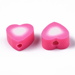 Hot Pink Handmade Polymer Clay Beads, Heart, Hot Pink, 9x9~10x4~5mm, Hole: 1.5mm