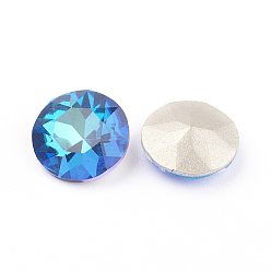 Bermuda Blue Pointed Back & Back Plated Glass Rhinestone Cabochons, Grade A, Faceted, Flat Round, Bermuda Blue, 10x5mm