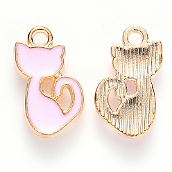 Pink Alloy Enamel Charms, Cat Shape, Light Gold, Pink, 15x8x1.5mm, Hole: 1.6mm