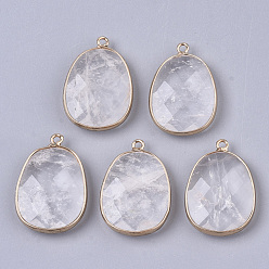 Quartz Crystal Natural Quartz Crystal Pendants, Rock Crystal Pendants, with Golden Plated Edge Brass Findings, Nickel Free, Faceted, Oval, 25~26x17~18x5mm, Hole: 1.4mm