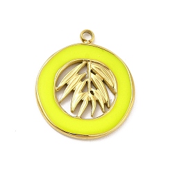 Green Yellow 304 Stainless Steel Enamel Pendants, Golden, Flat Round with Leaf Charm, Green Yellow, 18x16x1mm, Hole: 1.6mm