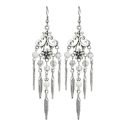 Howlite Natural Howlite Beaded Chandelier Earrings, Alloy Feather Tassel Earrings with 304 Stainless Steel Pins, 102x30mm