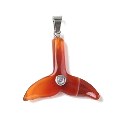 Red Agate Подвески из натурального красного агата (окрашенного и нагретого), подвески в виде хвоста кита с 201 микрофиброй из нержавеющей стали и кубическими циркониями, цвет нержавеющей стали, 30.5x32x6.5 мм, отверстие : 6x3.5 мм