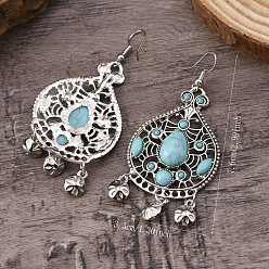 Античное Серебро Серьги-подвески из синтетической бирюзы с бахромой в стиле бохо, винтажные этнические серьги из тибетского сплава, античное серебро, 76x33 мм