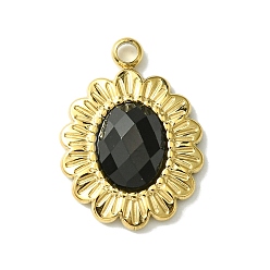 Black Ion Plating(IP) Real 14K Gold Plated 304 Stainless Steel with Glass Pendant, Oval Flower Charms, Black, 18x13x3.5mm, Hole: 1.6mm