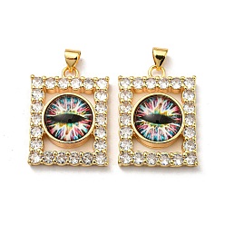 Colorful Real 18K Gold Plated Brass Pendants, with Glass and Acrylic, Rectangle with Evil Eye Charms, Colorful, 27x20x7mm, Hole: 4.5x4mm
