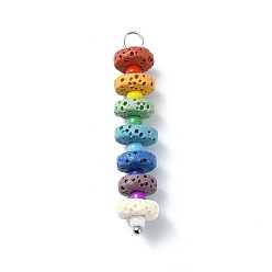 Platinum Chakra Natural Lava Rock Dyed Flat Round Pendants, Colorful Gems 304 Stainless Steel Glass Seed Beads Charms, Platinum, 42~42.5x8mm, Hole: 3mm