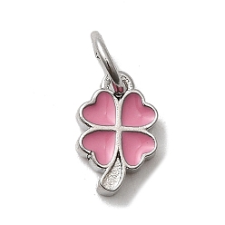 Бледно-Розовый Латунь эмаль подвески, клевер амулеты, стойки покрытие, долговечный, без кадмия и без свинца, платина, с целью перехода в кольце, розовый жемчуг, 9.5x6x2 мм, отверстие : 3.2 мм
