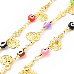 Colorful Glass Flat Round with Enamel Evil Eye Beaded Chains, with Real 18K Gold Plated Brass Coin Charms Chains Link Chain, Lead Free & Cadmium Free, Soldered, with Spool, Colorful, 19x6x3mm, 13x5x1mm