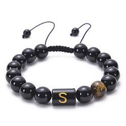 S Natural Black Agate Beaded Bracelet Adjustable Women's Handmade Alphabet Stone Strand Jewelry
