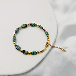 Зеленый Браслеты из натурального кунжутного яшмового бисера в стиле бохо, украшения из нержавеющей стали для женщин, золотые, зелёные, 6-3/4 дюйм (17 см)