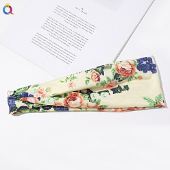 Hairband Style - Peony Flower Hairband - Beige Q15 Printed Knit Headband for Women - Sweat Absorbent Yoga Sports Hair Band