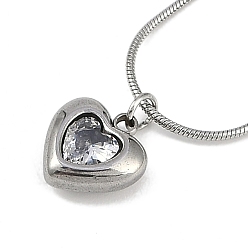 Прозрачный 304 Женские ожерелья в форме сердца с подвеской из кубического циркония из нержавеющей стали в форме круглой змеи, цвет нержавеющей стали, прозрачные, 17.72~17.91 дюйм (45~45.5 см)