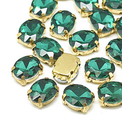 Med.Emerald Sew on Rhinestone, Multi-strand Links, Glass Rhinestone, with Brass Prong Settings, Garments Accessories, Faceted, Oval, Golden, Med.Emerald, 14x10x6.5mm, Hole: 1mm