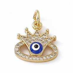 Blue Rack Plating Brass Enamel Cubic Zirconia Charms, Crown with Evil Eye Charm, with Jump Ring, Long-Lasting Plated, Real 18K Gold Plated, Lead Free & Cadmium Free, Blue, 15x15x3.6mm, Hole: 4mm