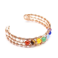 Rose Gold Natural Mixed Gemstone Beaded Cuff Bangle, Wire Wrapped Bangles, Rose Gold, 2-3/8 inch(6cm)