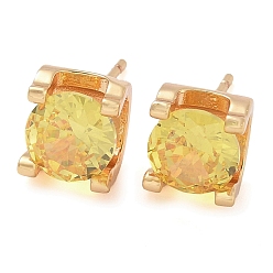 Желтый Серьги-гвоздики из латуни с кубическим цирконием, квадратный, долговечный, шампанское золото, желтые, 7x8 мм