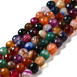 Colorful Natural Striped Agate/Banded Agate Beads Strands, Dyed & Heated, Faceted Round, Colorful, 12mm, Hole: 1.2mm, about 32pcs/strand, 15''(38.1cm)