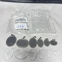 Oval 304 Настройки кабошон из нержавеющей стали кулон, с прозрачными квадратными кабошонами из прозрачного стекла, цвет нержавеющей стали, овальные, 30.5x20.5x2.1 мм