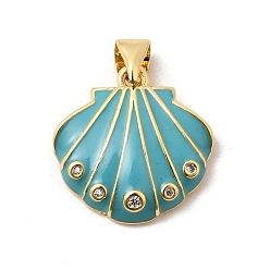 Бирюза Латунные микро проложить кубического циркония подвески, реальный 18 k позолоченный, долговечный, стойки покрытие, без свинца и без кадмия, подвески в форме ракушек, с эмалью, бирюзовые, 17x17x4 мм, отверстие : 3x5 мм