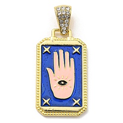 Blue Rack Plating Alloy Enamel Pendants with Crystal Rhinestone Pendants, Rectangle Charms with Palm, Long-Lasting Plated, Lead Free & Cadmium Free, Golden, Blue, 36x20.5x2.5mm, Hole: 9.5x5.3mm