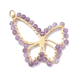 Amethyst Natural Amethyst Faceted Pendants, 201 Stainless Steel Butterfly Charms, Golden, 34x36x3mm, Hole: 3.6mm